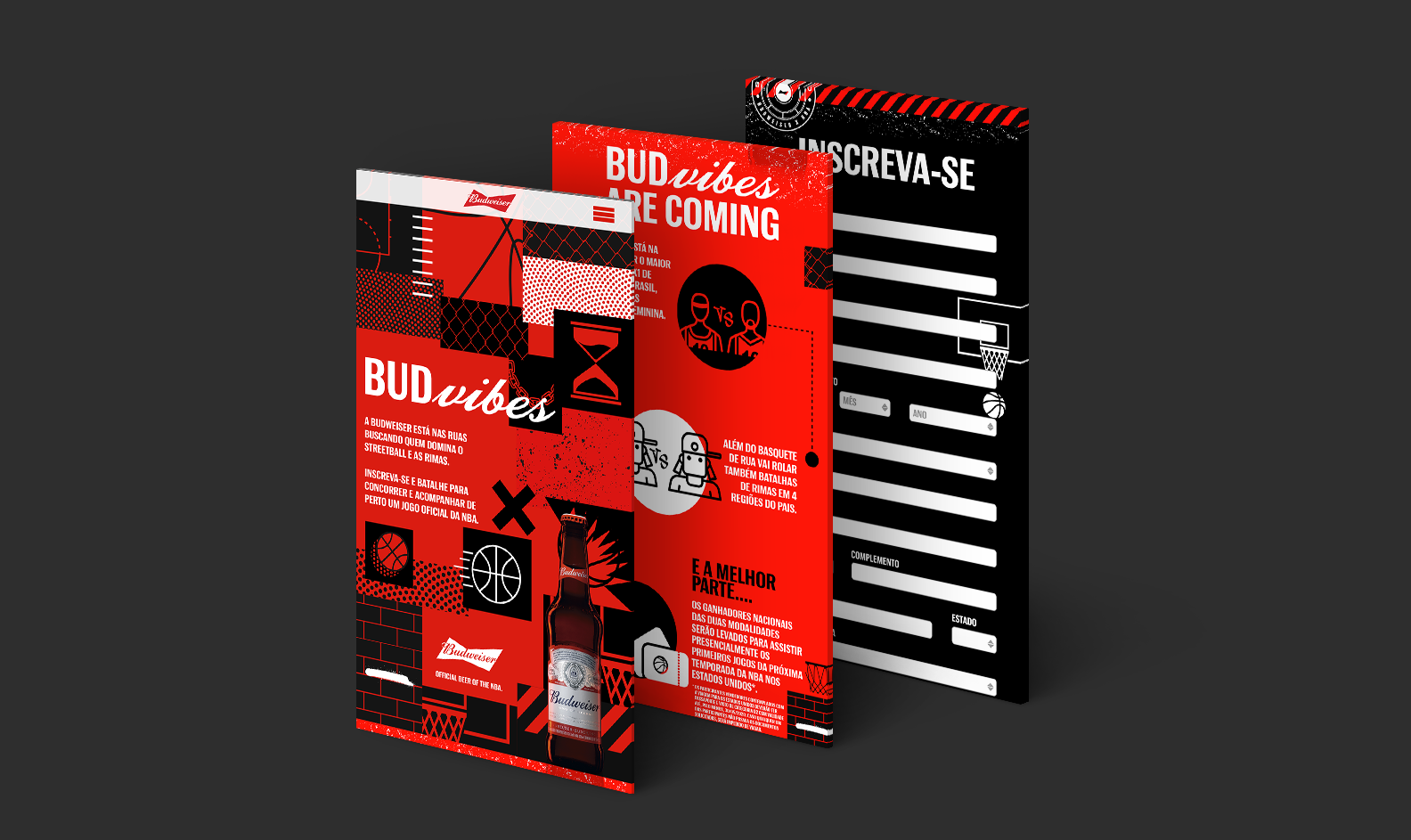 Telas da plataforma Budvibes para inscrição no campeonato
