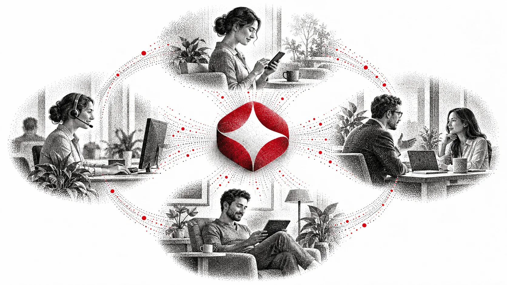 Ilustração pontilhada de um ciclo que liga atendimento, compra pelo celular, conversa de vendas e uso do produto a um símbolo vermelho central da marca.