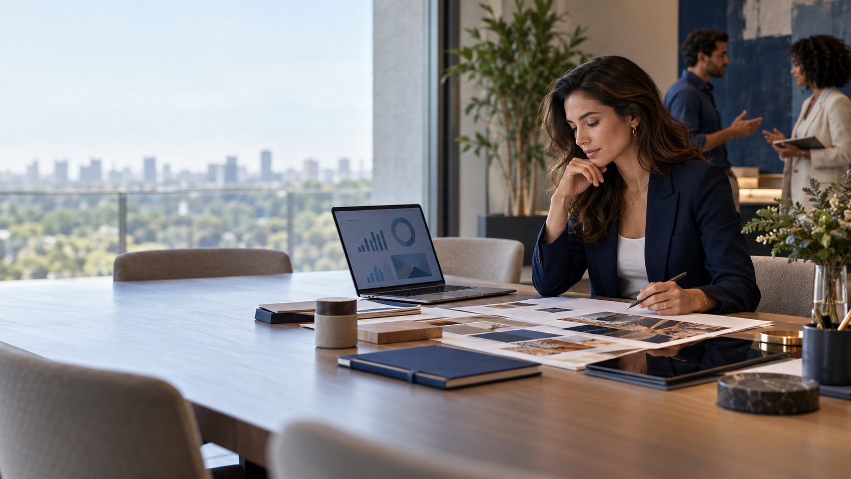 Gestora de Marketing analisando dados e materiais de comunicação para orientar decisões entre diferentes canais