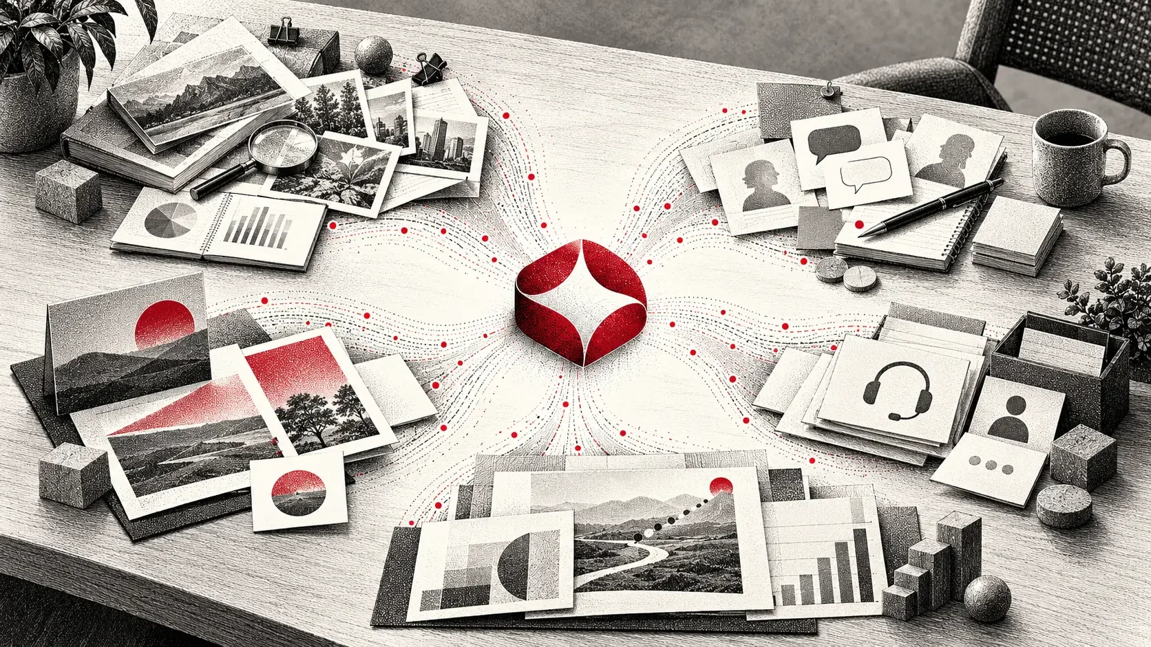 Ilustração pontilhada de uma mesa com fotos, relatórios, gráficos, cartões de conversa e de atendimento conectados a um símbolo vermelho central da marca.