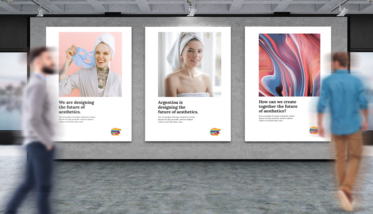 Campanha Merz Futurelab aplicada em painéis de uma exposição