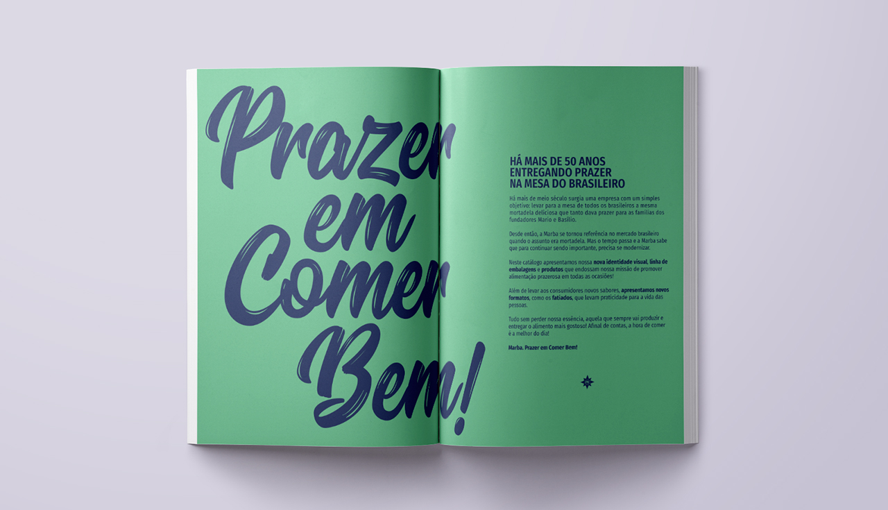 Catálogo Marba com a assinatura Prazer em Comer Bem em verde e azul