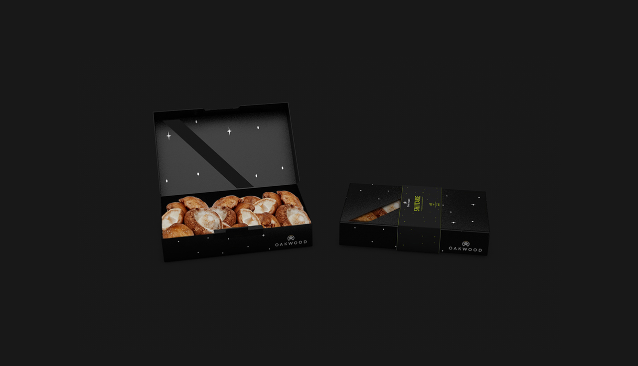 Embalagem Oakwood aberta com cogumelos shiitake