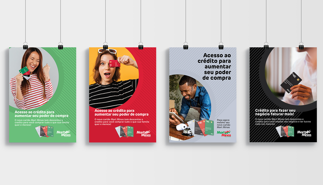 Série de quatro cartazes da campanha de lançamento do cartão Mart Minas Alvo