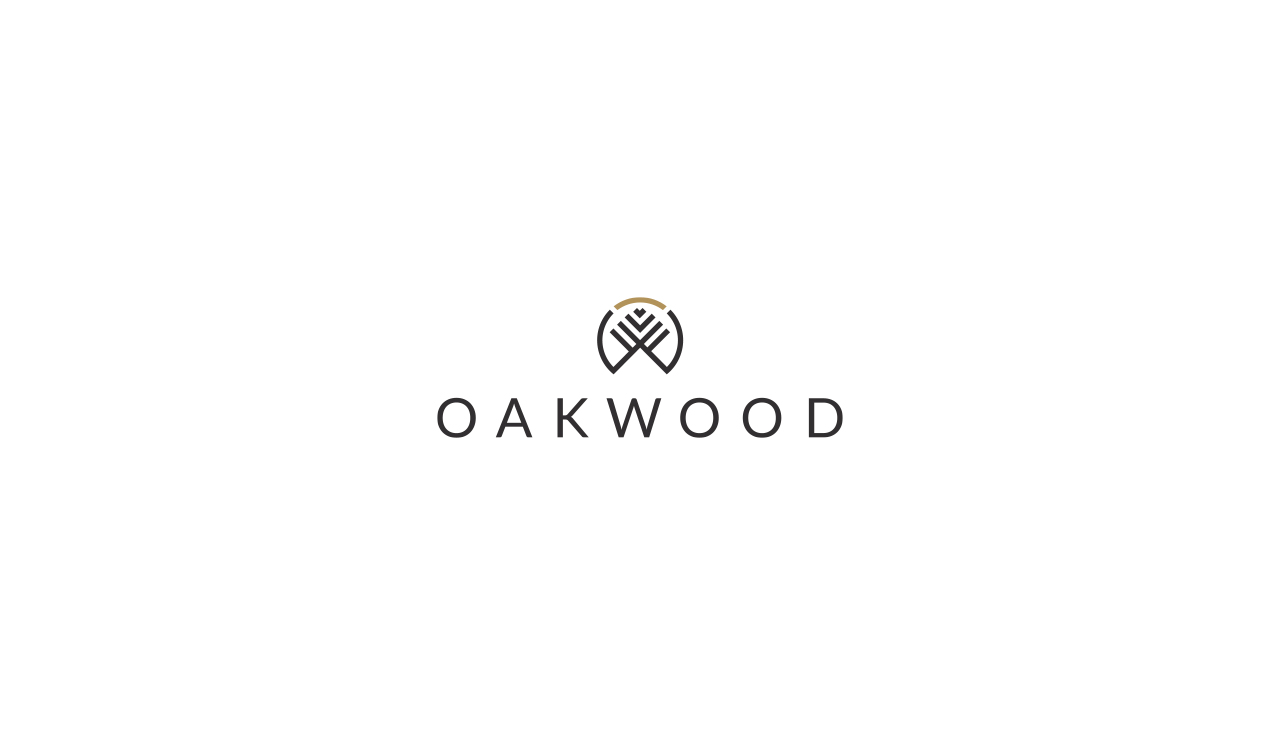 Logotipo Oakwood em preto e dourado sobre fundo branco