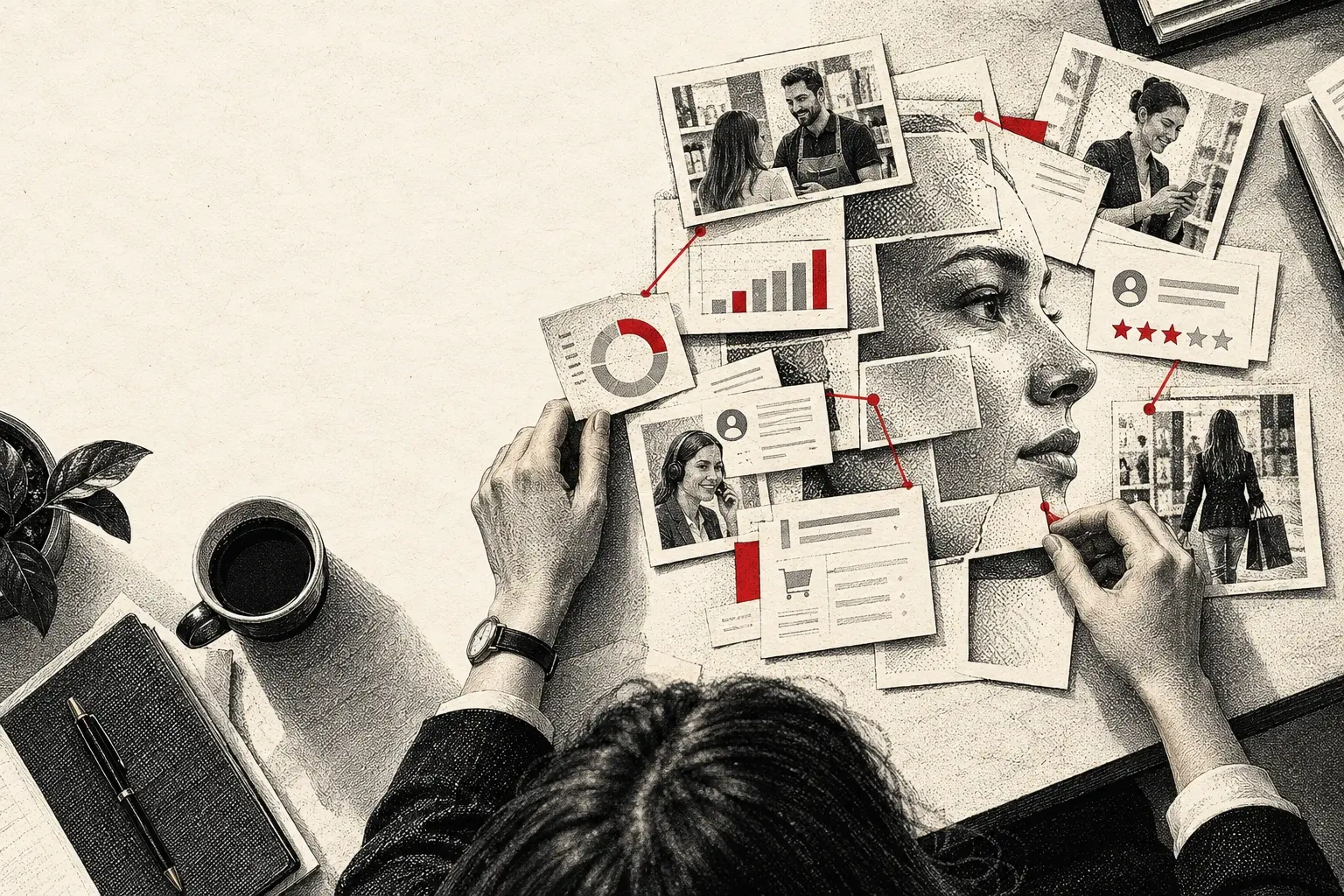 Ilustração em pontilhismo e hachuras de mãos reunindo fotos de atendimento, avaliações e gráficos sobre o rosto de uma cliente, conectados por linhas vermelhas.