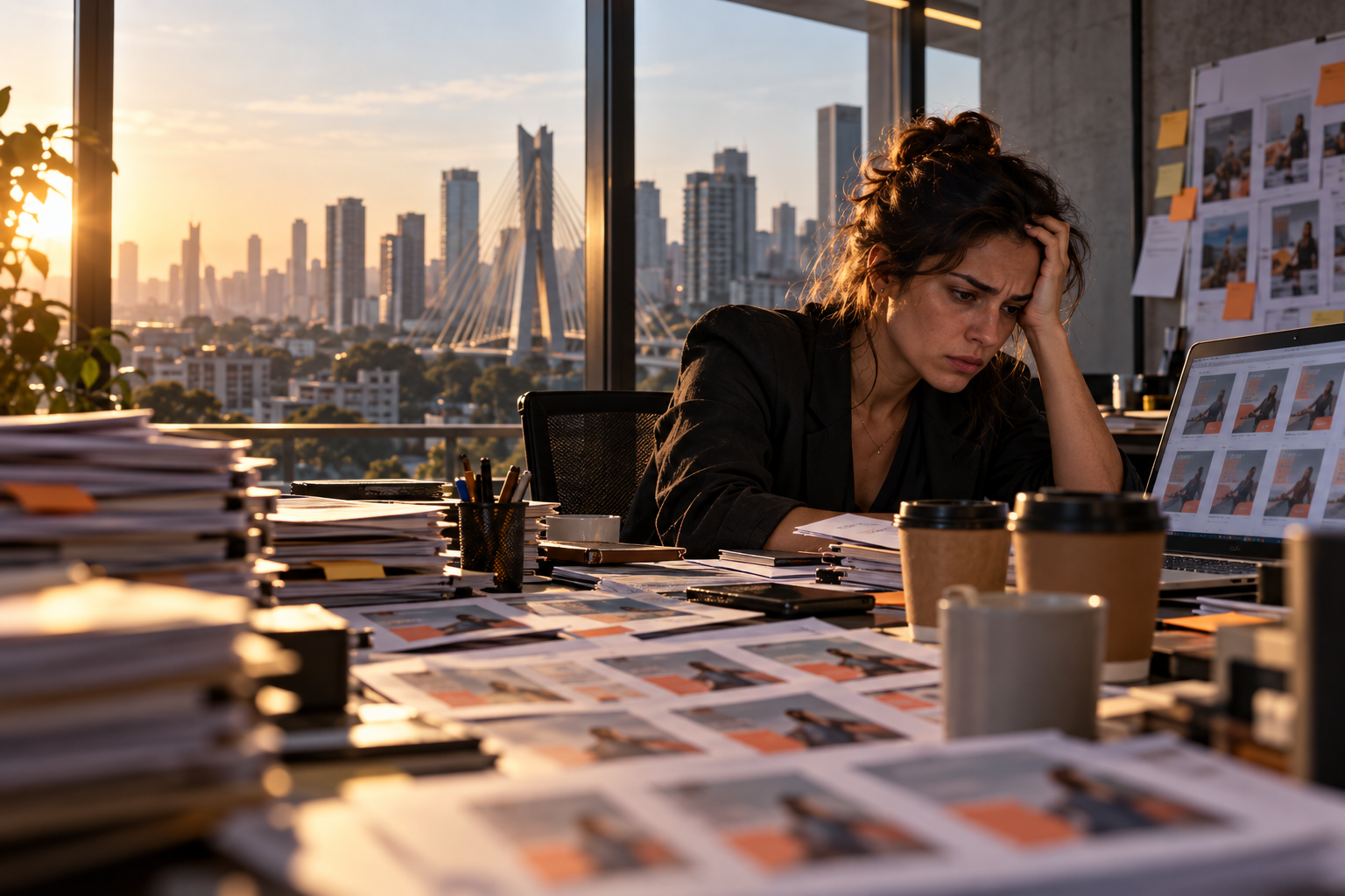 Profissional de Marketing com a mão na cabeça, diante de uma mesa coberta por peças de campanha impressas quase idênticas, cafés e pilhas de papéis, em um escritório com vista para São Paulo ao entardecer