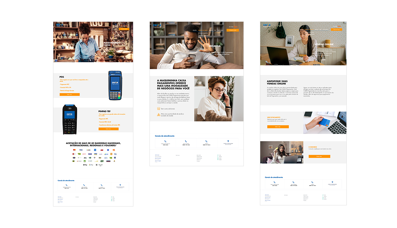Telas da plataforma Caixa Adquirência com funis de conversão