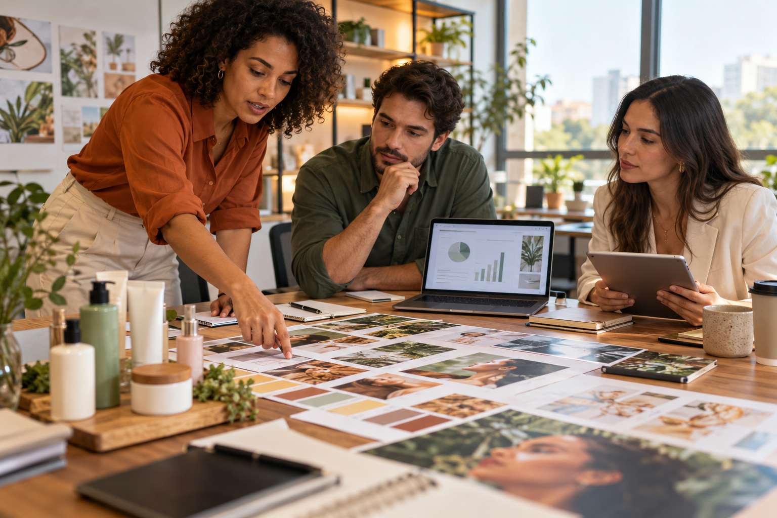 Equipe de Marketing analisando dados, materiais de marca e diferentes canais durante uma reunião estratégica