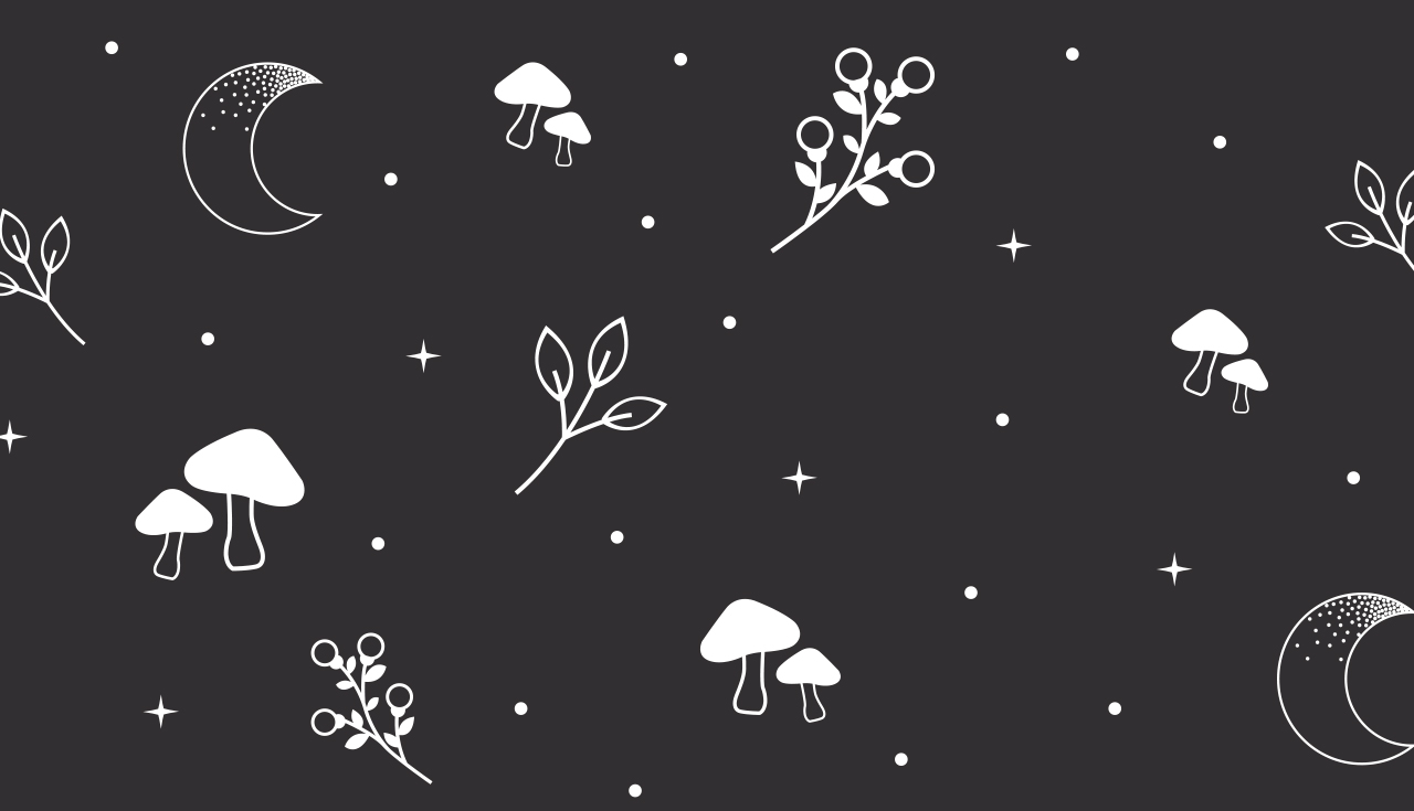 Padronagem da identidade Oakwood com luas, cogumelos, folhas e estrelas