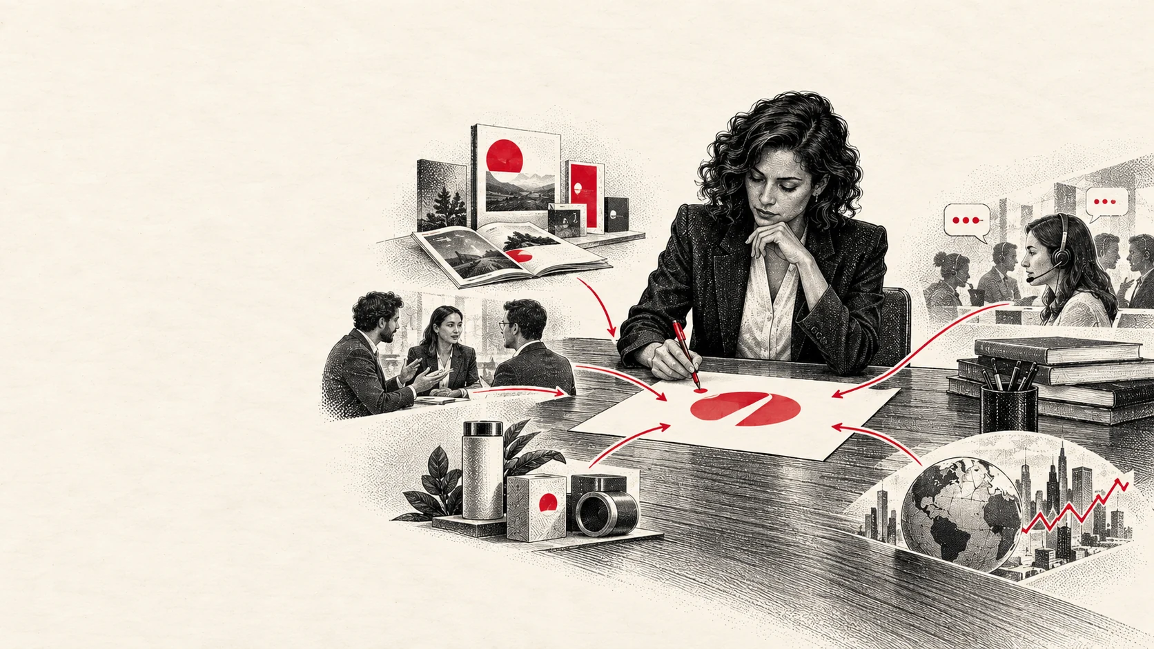 Ilustração pontilhada de uma estrategista analisando sinais de comunicação, vendas, atendimento, produto e mercado, que convergem em setas vermelhas para uma decisão no ciclo de aprendizado da marca.